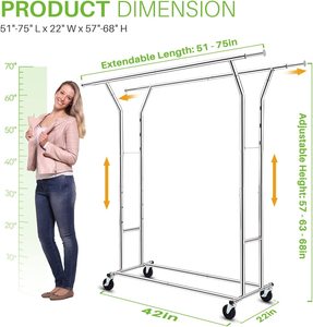 <strong>Clothing</strong> Garment Racks <strong>Heavy</strong> <strong>Duty</strong> Double <strong>Rails</strong> Adjustable Collapsible Rolling Clothes Rack on Wheels Adjustable Clothes Rack - Product Image 6