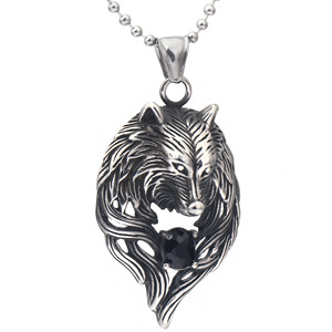 Collar con Colgante de Cabeza de Lobo en Acero Inoxidable con Piedra Negra para Hombre, Joyería de Moda - Product Image 1