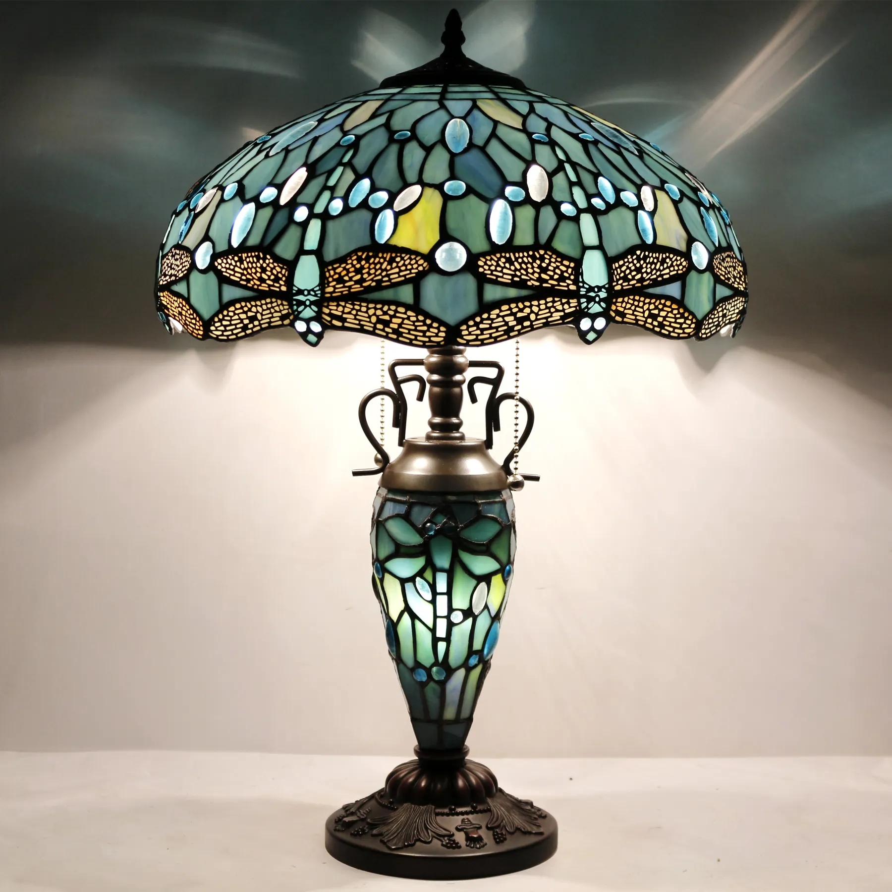 Luminária de mesa Tiffany estilo exclusivo para vaso de vitral mãe-filha luz azul mar azul Dragonfly de 16X24 polegadas