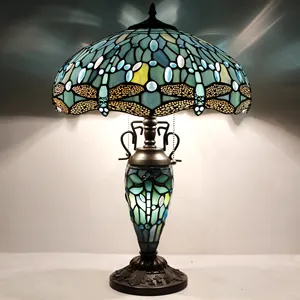 Luminária de mesa Tiffany estilo exclusivo para vaso de vitral mãe-filha luz azul mar azul Dragonfly de 16X24 polegadas