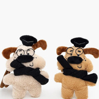 Porte-clés en peluche artistique et esthétique pour chien, chiot marron kawaii avec chapeau noir, lunettes et écharpe, décoration de sac à dos tendance pour filles