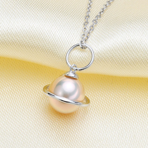 Colgante de Plata S925 con Cuentas Redondas de 8-9 mm, Accesorios de Perlas para DIY, Soporte Vacío, Cadena Dorada Saturno para Regalo 3618 - Product Image 1