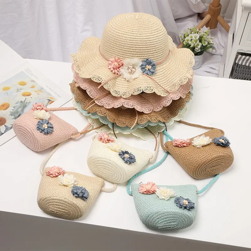 Children's Summer Hot Selling Straw Hat Beach Wave Shade Hat And Flower Bow Kids Bags