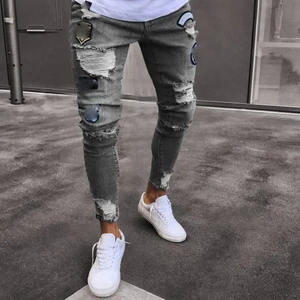 Jeans personnalisés pour hommes, brodés, patchwork, jeans en denim déchirés, pantalons droits fuselés à rayures, jeans skinny slim de coupe hip hop pour hommes - Product Image 2
