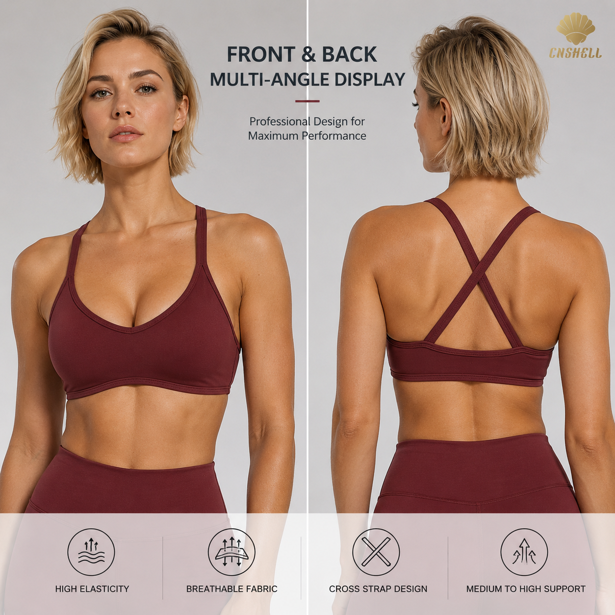 CNSHELL Seamed Criss-Cross Back Women's Sports Bra, Moisture Wicking Medium Support Yoga Bra for Gym Fitness Running Wholesale