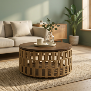Mesa de Centro Redonda Moderna Hecha a Mano con Madera de Teca y Cuerda Tejida, Mueble Ecológico Minimalista para Sala de Estar - Product Image 3
