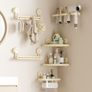 Toallero de baño con ventosa, montaje en esquina, desagüe, estante telescópico con soporte para secador de pelo, duradero, tamaño personalizado - Product Image 1