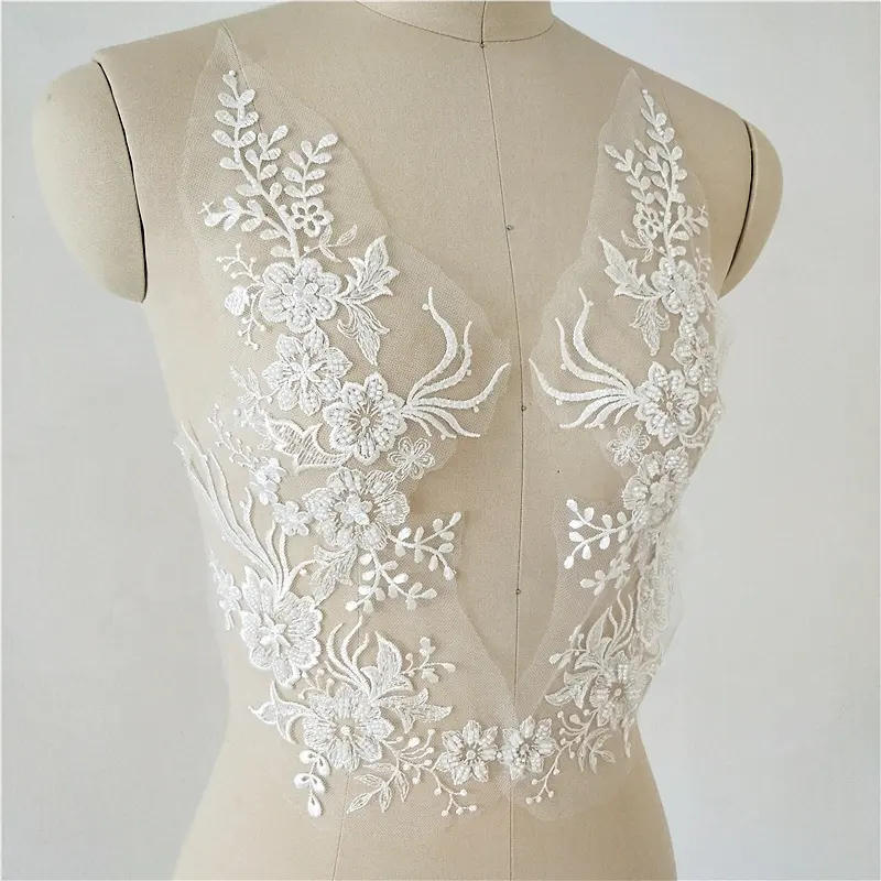 Elegant wedding bridal embroidery floral white beaded lace applique by pair