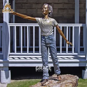 Large Size Bronze Girl Reach Forward Sculpture Metal Carving Girl Statue