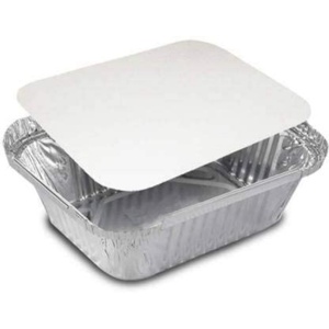 Bandeja de aluminio desechable ecológica de 670 ml con tapa de papel para hornear, barbacoa, comida para llevar, envase de calidad alimentaria, fabricantes - Product Image 1