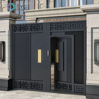 Portail de garage extérieur moderne en aluminium avec clôture en bois traité sous pression style naturel, modélisé en 3D
