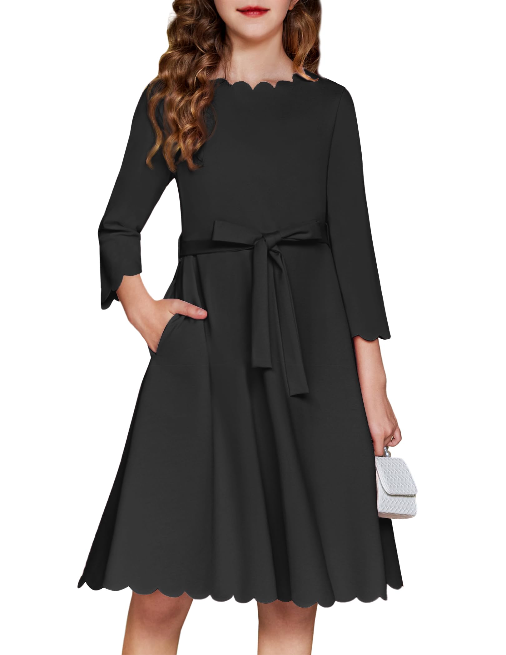 Round Neck Long Sleeve Dress for Girls Knee Length Black Baby Girl Dress  Back Zipper 7 Year Old Girl Dress Two Side Pockets| Alibaba.com