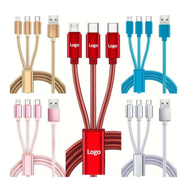 Hot Sale 1.2M 3IN1 Multi USB Charging Cable 3 1 Nylon Braid Data Cable for Phone/Type-C/Android Pure Copper for IOS Computer