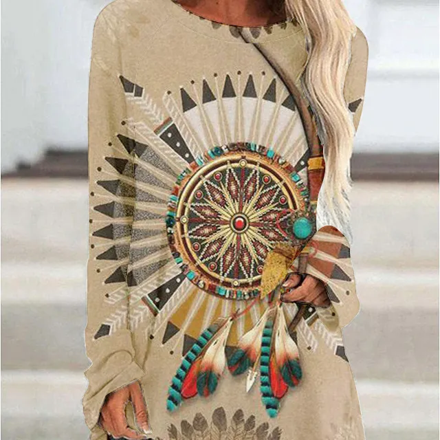 Лидер продаж, Западная винтажная ацтекская Футболка с принтом на заказ, большие длинные футболки с графическим подолом для женщин