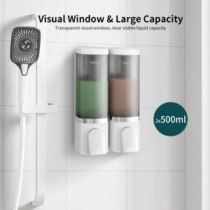 Nouveau distributeur de savon mural de luxe <span class=keywords><strong>sans</strong></span> rouille, en plastique, tactile, 500 ml*2 en 1, pompe, shampoing, hôtel, ensemble de salle de bain à 2 compartiments - Product Image 6