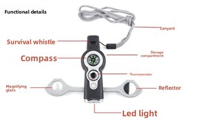 <span class=keywords><strong>7</strong></span>-in-1 다기능 아웃도어 서바이벌 장비 나침반 내비게이션 거울 전자 호루라기 알루미늄 합금 LED 손전등 - Product Image 6