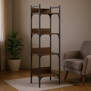 Medium Bookshelf 4 Shelves Smoked <b>Oak</b> Engineered Wood Powder Coated Steel <b>Frame</b> Elegant Design Living Room Furniture - Product Image 2