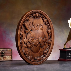 Plaque ovale <span class=keywords><strong>en</strong></span> <span class=keywords><strong>bois</strong></span> Immaculate Heart of Mary, disque <span class=keywords><strong>en</strong></span> relief sculpté à la main avec couronne de roses, décoration murale dévotionnelle catholique - Product Image 2