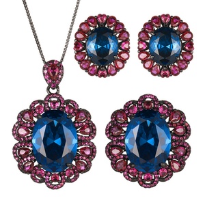 Fashion Eco-friendly Copper Bridal Set Jewelry 13*18-10*12mm Blue Zircon Black Gold Vintage Necklace <b>Earrings</b> Ring Set - Product Image 1