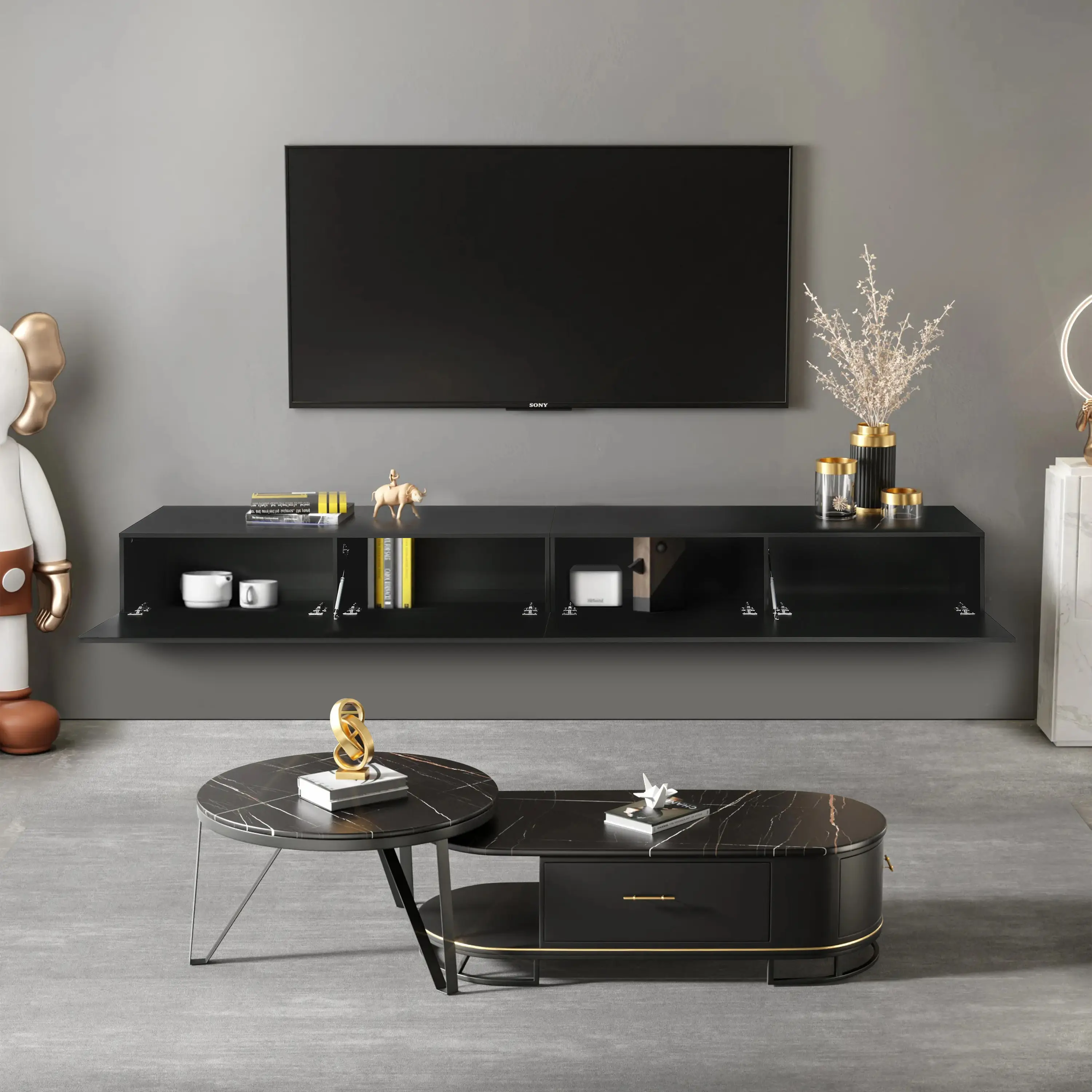 Meuble TV flottant moderne simple Meuble TV mural avec sections de rangement pour le salon