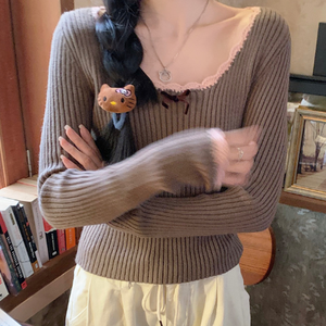 Maglione Dolce in <span class=keywords><strong>Pizzo</strong></span> a Maniche Lunghe per Donna, Top Aderente con Fiocco per l'Autunno - Product Image 6