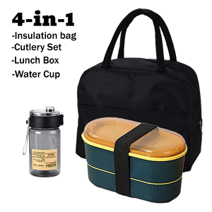 二段式プラスチック製漏れ防止弁当箱、カトラリー、水筒、保温バッグ付き、学校、オフィス、旅行、キャンプ、ランチボックスに最適 - Product Image 1