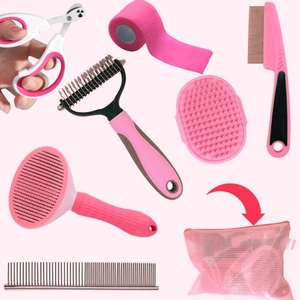 ピンク犬用ヘアグルーミングキットセルフクリーニングステンレススチール櫛デマバスブラシフリーコームプラスチック材料 - Product Image 1