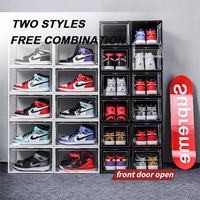 Boîte à chaussures empilable en acrylique transparent avec logo personnalisé en gros, organisateur de chaussures en matériau PC, boîte de rangement en plastique magnétique pliable pour baskets