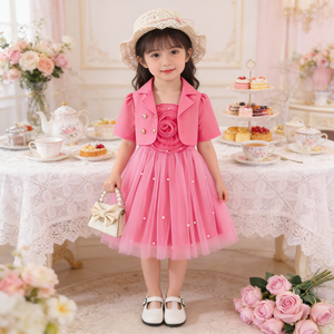 Completo Due Pezzi per <span class=keywords><strong>Bambina</strong></span>: Blazer a Maniche Corte e Abito <span class=keywords><strong>in</strong></span> <span class=keywords><strong>Tulle</strong></span> con Rose 3D, Abbigliamento Casual per Bambine e Ragazze - Product Image 4