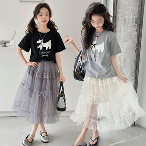 Conjunto de Ropa para Niña Grande, Verano 2026, Camiseta de Manga Corta <span class=keywords><strong>con</strong></span> Estampado Negro y Gris + Falda Tutú, 2 Piezas, Conjunto Dulce para Niña - Product Image 1