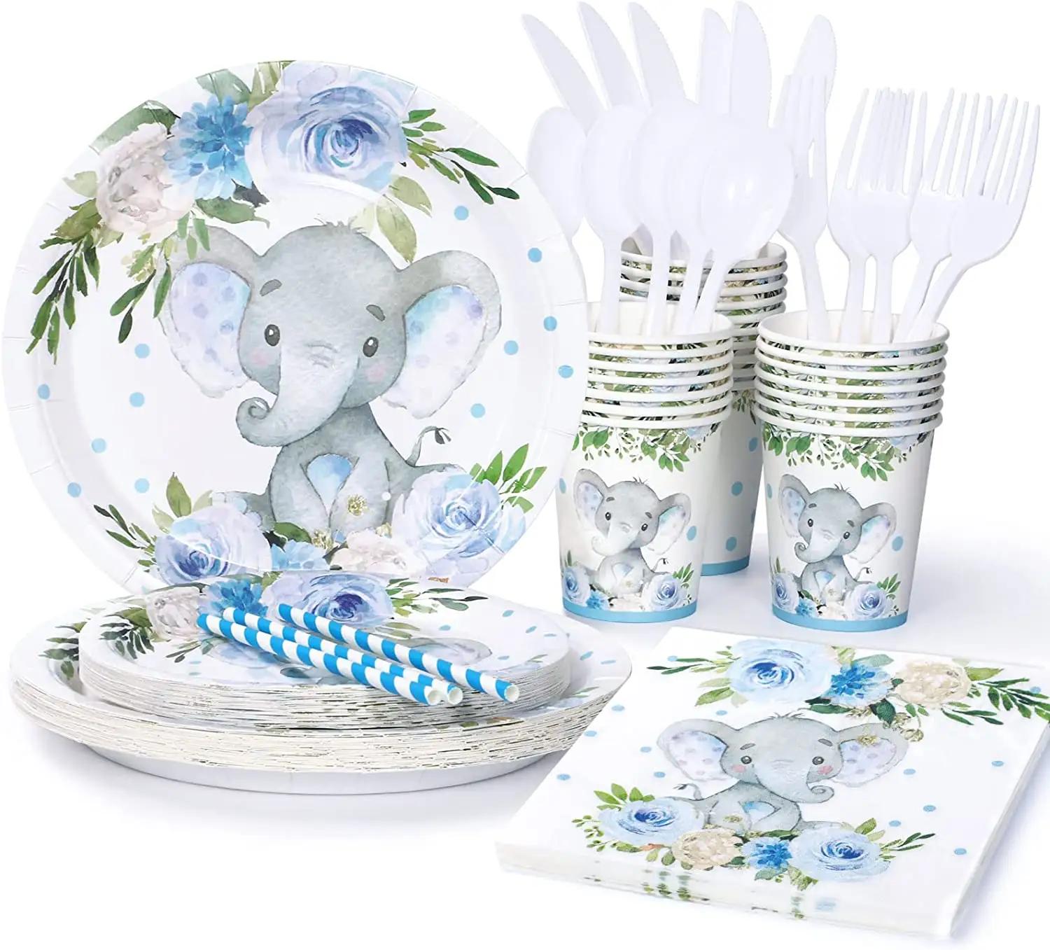 Elephant Baby Shower Gender Reveal Plate Napkin Little Boys Birthday Bridal Blue Floral Tableware Decorations Party Supplies Set
