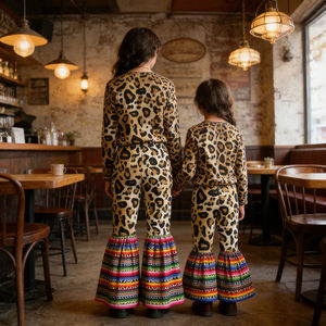 กางเกงขาบานลายเสือดาวแบบเซราเป้สำหรับแม่และลูกสาว ชุดเข้าชุดสำหรับผู้ใหญ่และเด็ก ชุดคู่แม่ลูก - Product Image 3