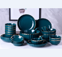 Service de table 22 pièces en porcelaine fine avec bordure dorée, style vintage, couleur bleu/vert, kit d'ustensiles, compatible lave-vaisselle et congélateur