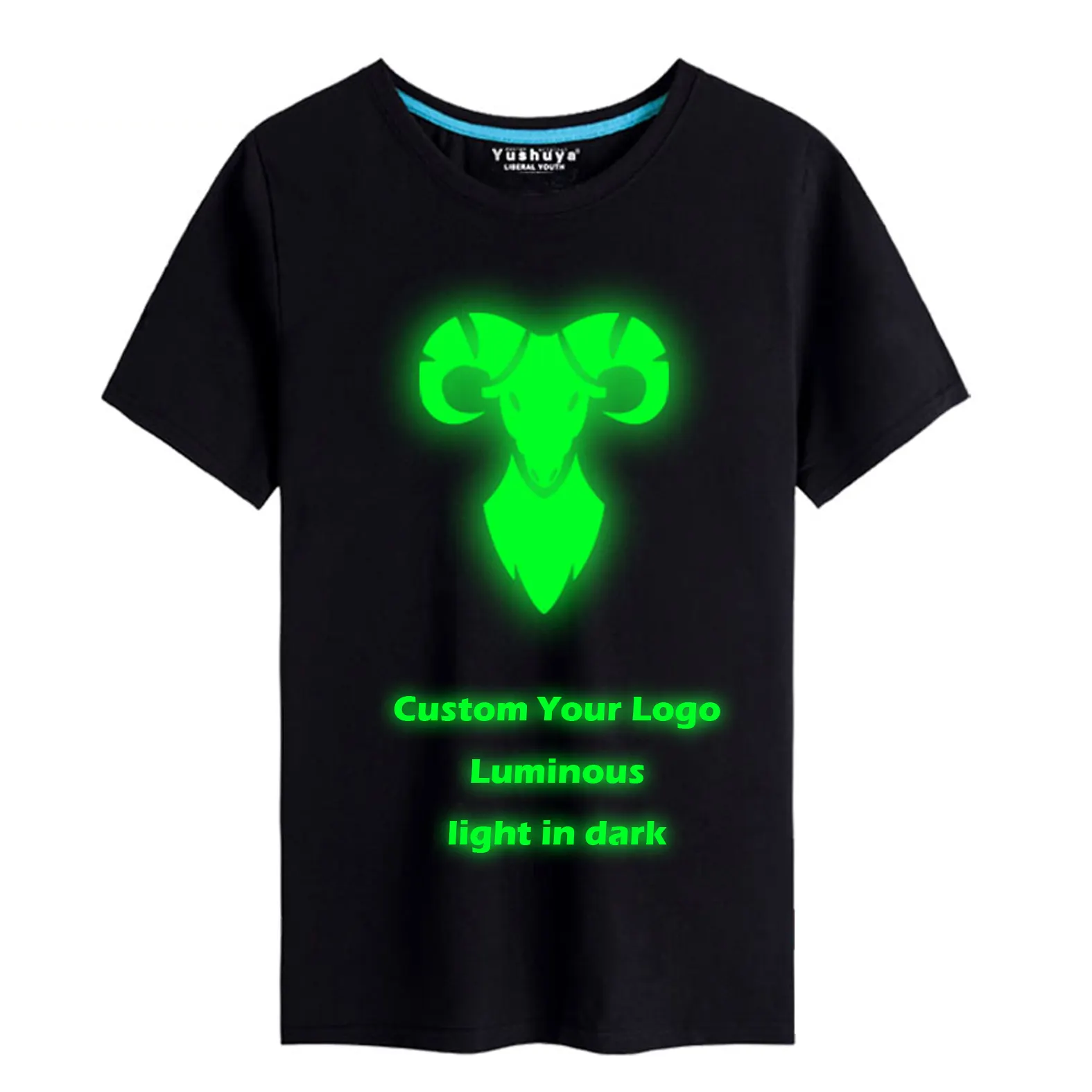 Groothandel 100% Premium Katoen Custom Lichtgevende Vinyl Afdrukken Logo Reflecterende T-shirts Gloeiende In Dark Plus Size Mannen T-shirts