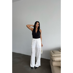 Pantalon large décontracté en satin jacquard respirant pour femme, taille élastique, blanc, taille XL, avec bande latérale décorative colorée - Product Image 2