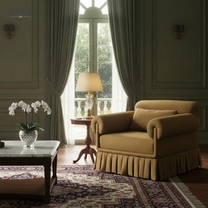 Fauteuil d'appoint vintage français, fauteuil moderne en tissu avec base à jupe plissée, chaise de salon de luxe en velours pour salon et chambre à coucher - Product Image 3