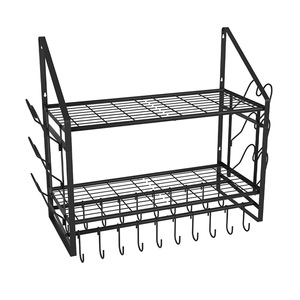 <b>Wall</b> Mounted Double Layer <b>Storage</b> Rack With <b>Hanging</b> Hooks For Kitchen Cookware Dishes Tableware Organization - Product Image 4