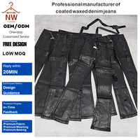 Jeans évasés en denim ciré fait main de haute qualité pour hommes, style streetwear, extensibles, couleur foncée, vente en gros