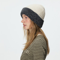 Bonnet en tricot à revers contrastant pour femme, style décontracté, chaud et ample, en maille côtelée épaisse, idéal pour l'hiver