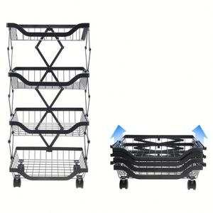 2024 New Design 4 Tier Stackable Collapsible Metal Wire <b>Kitchen</b> <b>Pantry</b> Fruit Vegetable Basket Trolley Storage Cart with Wheels - Product Image 3