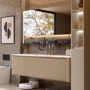 Mobile bagno a parete scanalato color caffè in PVC con certificazione CE europea, curvato a caldo, integrato, con specchio e lavabo, per progetti villa - Product Image 3