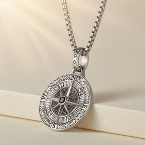 <b>Vintage</b> Nordic Viking Style Men's Round Pendant Necklace Silver <b>Compass</b> Design Gift Jewelry - Product Image 2