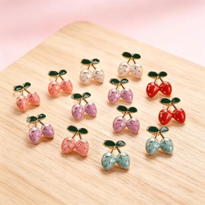 Boucles d'oreilles clous en émail cerise pour femme, en acier inoxydable coloré, plaqué or, bijoux fantaisie, cadeau - Product Image 3