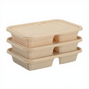 Two Compartment Rectangular <b>Takeaway</b> Food <b>Container</b> With Lid Disposable Bagasse Lunch Box 35oz Minimalist Style - Product Image 3