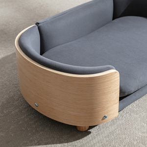 Cama Elevada Moderna para Perros y Gatos Estilo Escandinavo, Patas de Madera Maciza, Respaldo de Madera Curvada, Cojín de Terciopelo, Funda Extraíble y Lavable, Embalaje en Cartón - Product Image 3