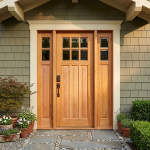 Une porte moderne et minimaliste en bois massif, ornée de motifs géométriques verticaux saisissants et équipée d'une serrure intelligente. - Product Image 5