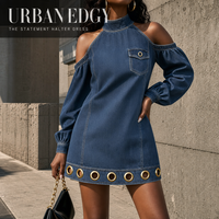 Robe Courte en Jean à Col Halter et Épaules Dénudées pour Femme - Robe en Jean Sexy à Manches Longues Bouffantes avec Œillets Dorés - Bleu Foncé Élégant