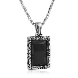 yunnique Collier pendentif en acier inoxydable avec pierre précieuse noire, forme géométrique, serti clos, bijoux de mode pour homme - Product Image 1