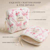 Trousse de Maquillage Matelassée Florale Grande Capacité avec Nœud Mignon Personnalisé, Pochette à Crayons et Organisateur de Serviettes Hygiéniques pour Femmes