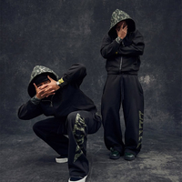 Ensemble de survêtement en coton personnalisé pour homme, sweat-shirt à capuche à fermeture éclair à carreaux et pantalon de survêtement à double taille